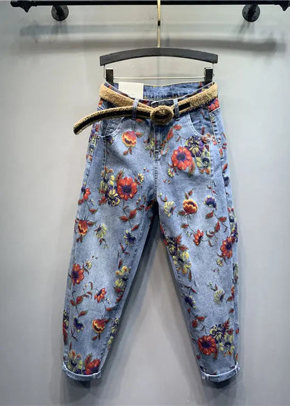 Classy Light Blue Floral Patchwork Zippered Jeans Fall Ada Fashion