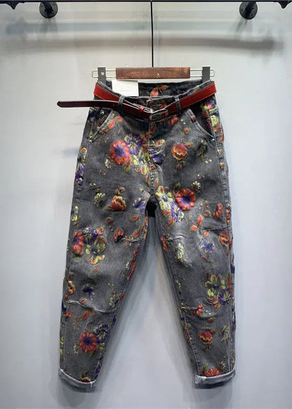 Classy Light Blue Floral Patchwork Zippered Jeans Fall Ada Fashion