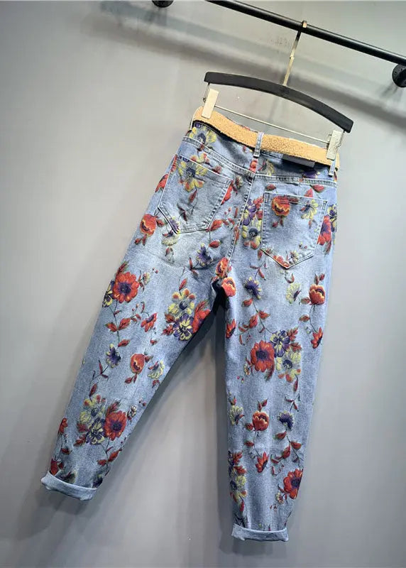 Classy Light Blue Floral Patchwork Zippered Jeans Fall Ada Fashion