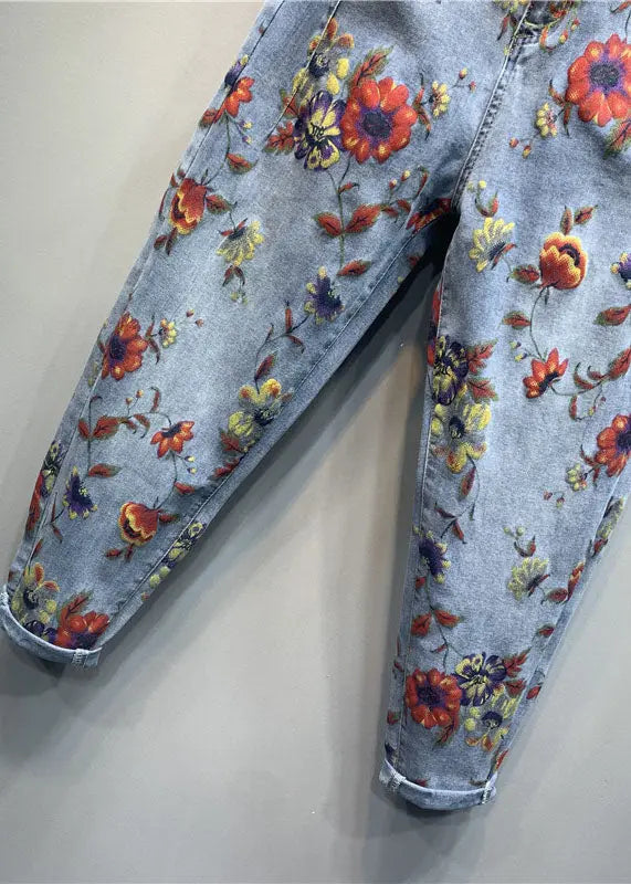 Classy Light Blue Floral Patchwork Zippered Jeans Fall Ada Fashion