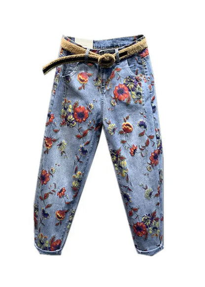 Classy Light Blue Floral Patchwork Zippered Jeans Fall Ada Fashion