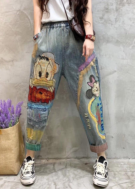 Classy Light Blue Print Patchwork Crop Jeans Summer LY7934