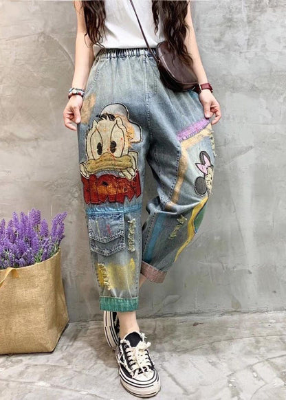 Classy Light Blue Print Patchwork Crop Jeans Summer TY1033 - fabuloryshop