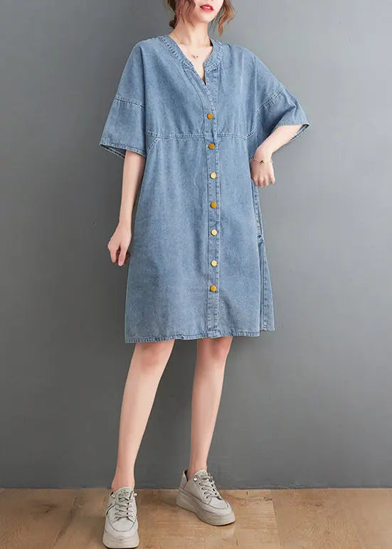 Classy Light Blue V Neck Oversized Denim Dress Summer Ada Fashion