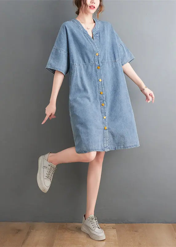 Classy Light Blue V Neck Oversized Denim Dress Summer Ada Fashion