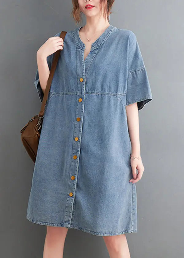 Classy Light Blue V Neck Oversized Denim Dress Summer Ada Fashion