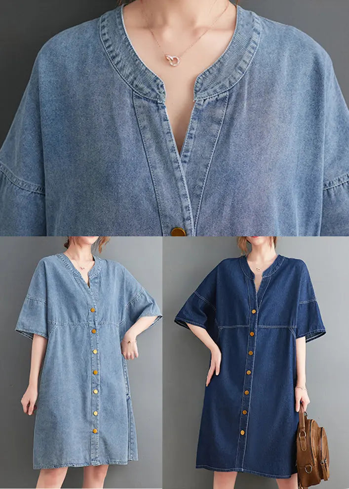 Classy Light Blue V Neck Oversized Denim Dress Summer Ada Fashion