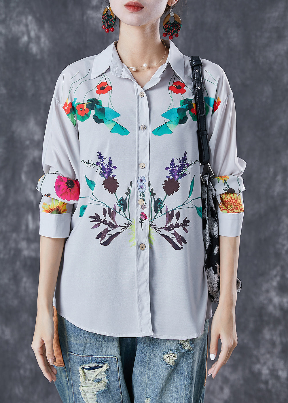 Classy Light Grey Peter Pan Collar Print Cotton Shirt Top Fall LY6768 - fabuloryshop