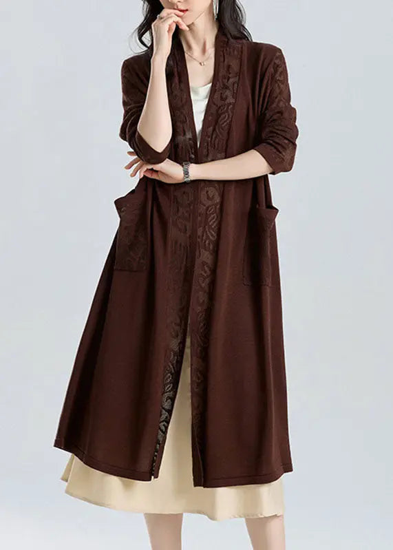 Classy Mocha V Neck Patchwork Hollow Out Long Ice Size Knit Cardigan Sum Ada Fashion