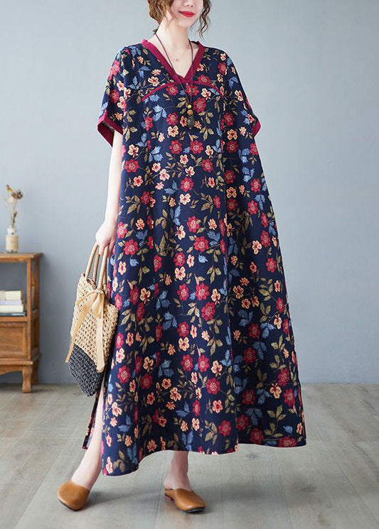 Classy Mulberry V Neck Print Cotton Long Dresses Summer LY0889 - fabuloryshop