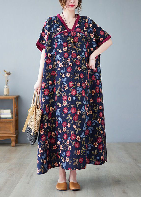 Classy Mulberry V Neck Print Cotton Long Dresses Summer LY0889 - fabuloryshop