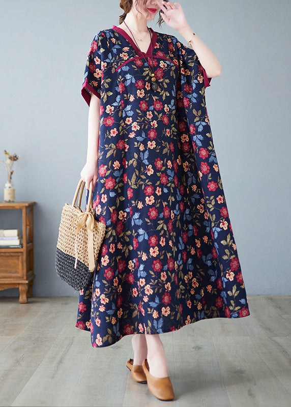 Classy Mulberry V Neck Print Cotton Long Dresses Summer LY0889 - fabuloryshop