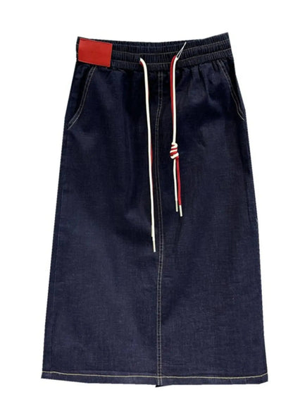 Classy Navy Blue Drawstring Patchwork Denim Skirts Fall Ada Fashion