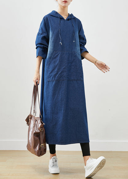 Classy Navy Hooded Oversized Denim Sweatshirt Dress Fall Ada Fashion