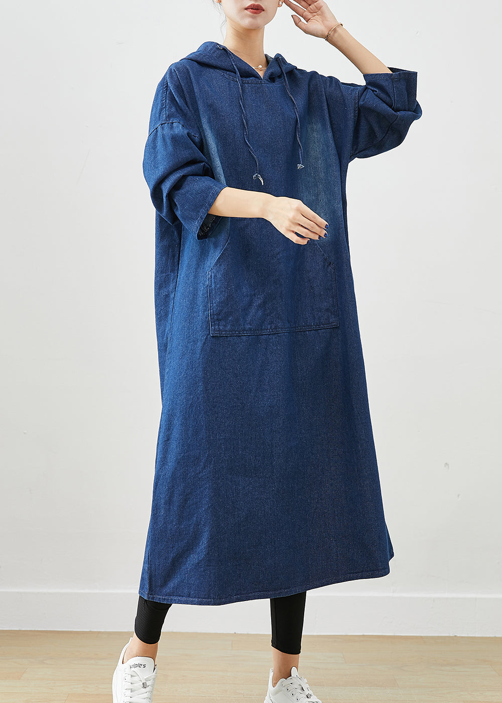 Classy Navy Hooded Oversized Denim Sweatshirt Dress Fall Ada Fashion