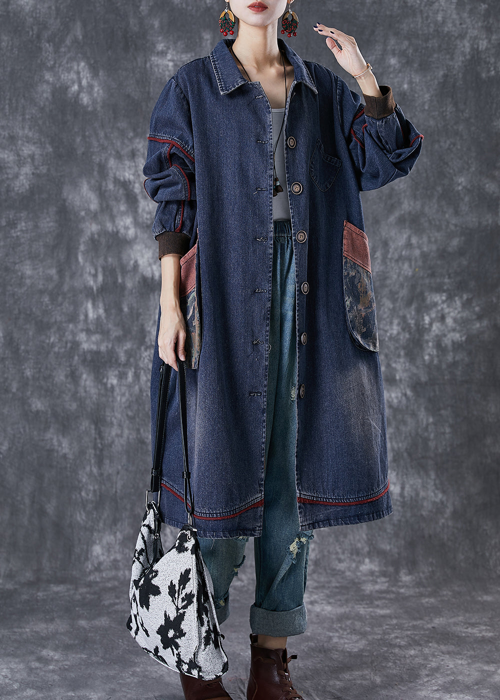 Classy Navy Oversized Patchwork Pocket Cotton Coat Fall Ada Fashion