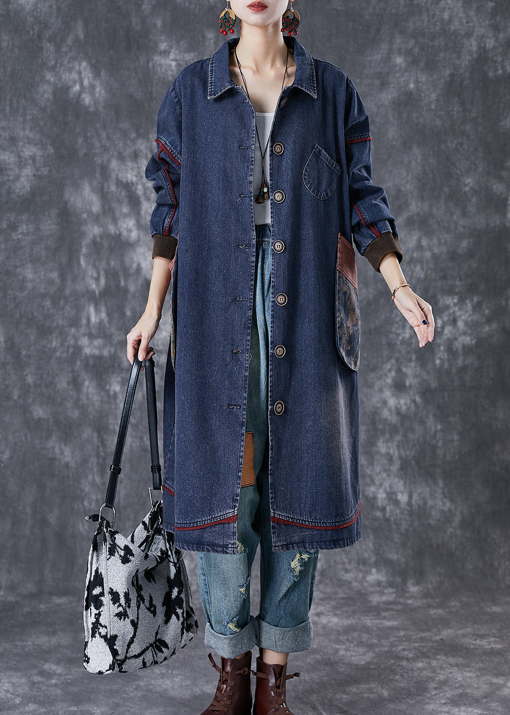 Classy Navy Oversized Patchwork Pocket Cotton Coat Fall Ada Fashion