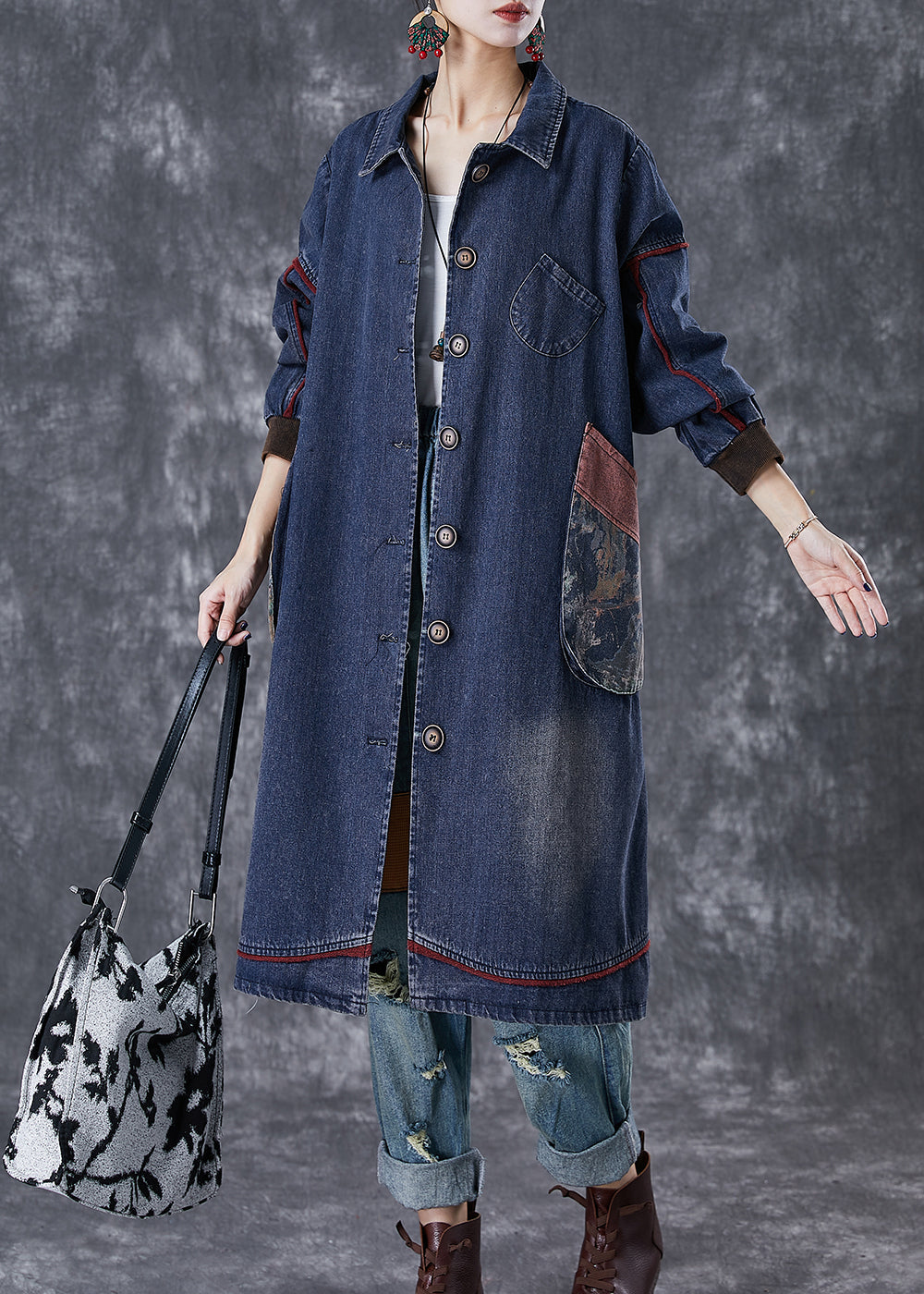 Classy Navy Oversized Patchwork Pocket Cotton Coat Fall Ada Fashion