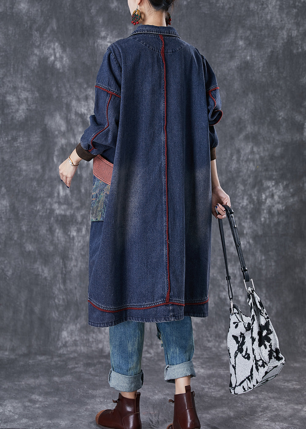 Classy Navy Oversized Patchwork Pocket Cotton Coat Fall Ada Fashion