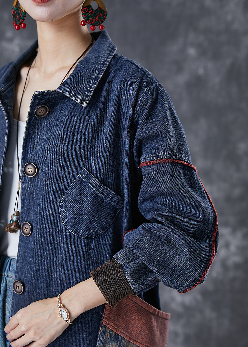 Classy Navy Oversized Patchwork Pocket Cotton Coat Fall Ada Fashion