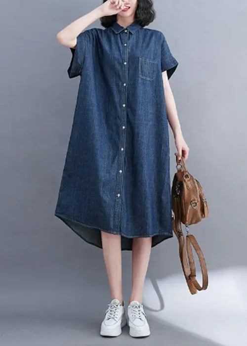 Classy Navy Peter Pan Collar Pocket Denim Shirt Dress Summer Ada Fashion