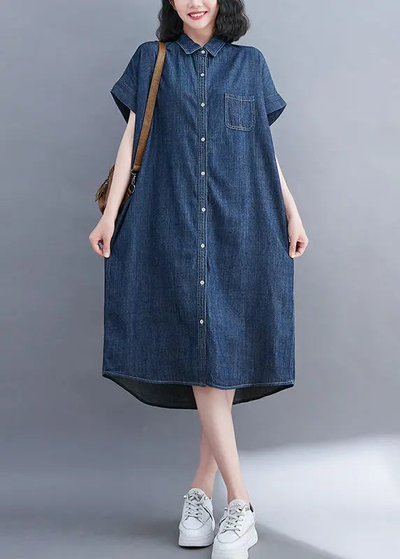 Classy Navy Peter Pan Collar Pocket Denim Shirt Dress Summer Ada Fashion