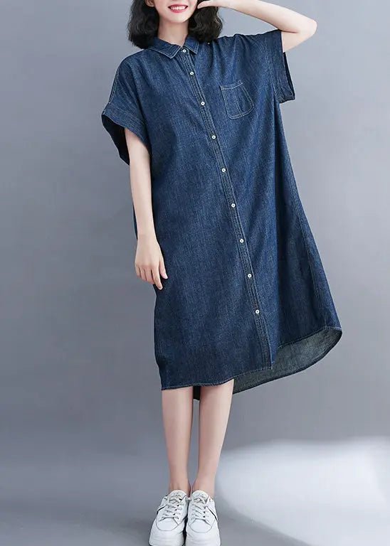 Classy Navy Peter Pan Collar Pocket Denim Shirt Dress Summer Ada Fashion