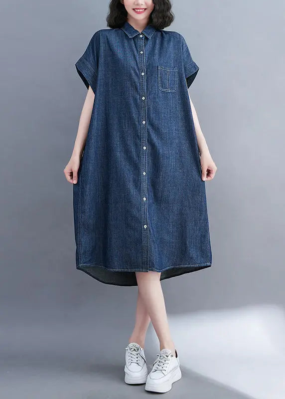 Classy Navy Peter Pan Collar Pocket Denim Shirt Dress Summer Ada Fashion