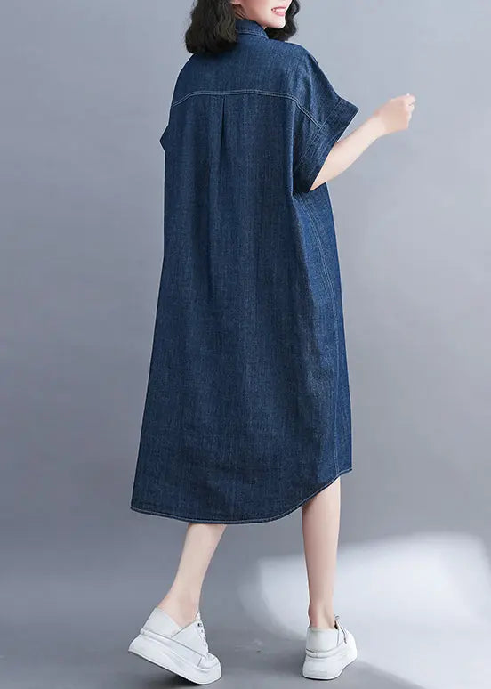 Classy Navy Peter Pan Collar Pocket Denim Shirt Dress Summer Ada Fashion