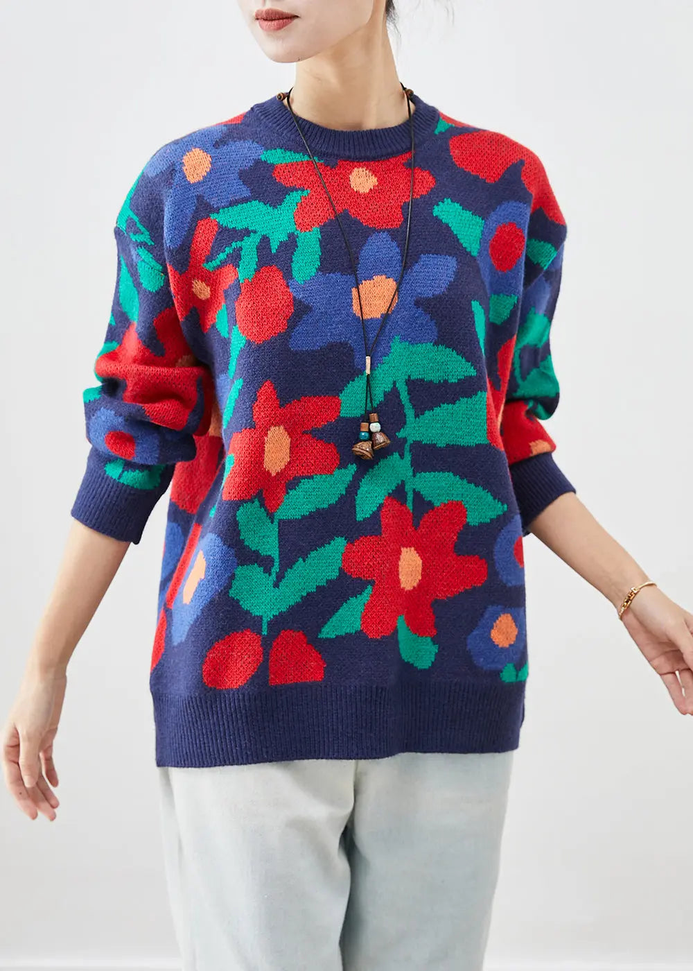 Classy Navy Print Thick Knit Sweaters Winter Ada Fashion