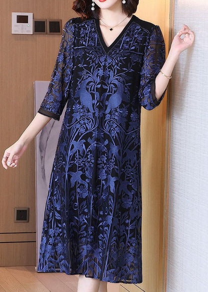 Classy Navy V Neck Embroideried Patchwork Silk Dress Bracelet Sleeve LY4623 - fabuloryshop