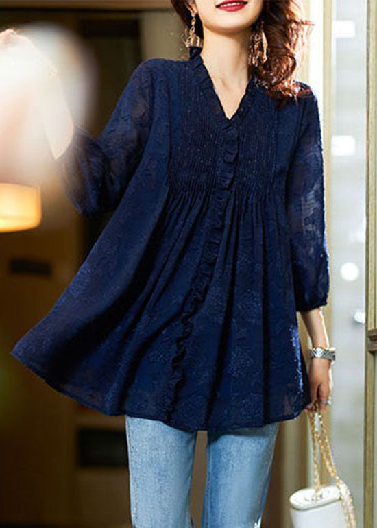 Classy Navy V Neck Ruffled Patchwork Chiffon Blouses Spring LY3849 - fabuloryshop