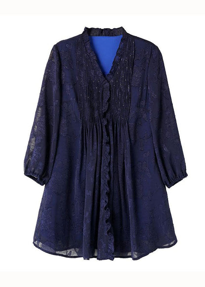 Classy Navy V Neck Ruffled Patchwork Chiffon Blouses Spring LY3849 - fabuloryshop