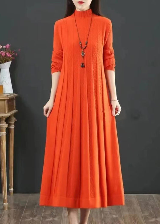 Classy Orange Hign Neck Wrinkled Patchwork Knit Long Dress Winter Ada Fashion