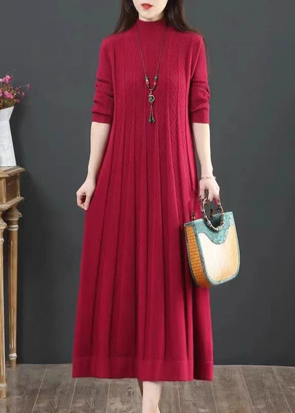 Classy Orange Hign Neck Wrinkled Patchwork Knit Long Dress Winter Ada Fashion