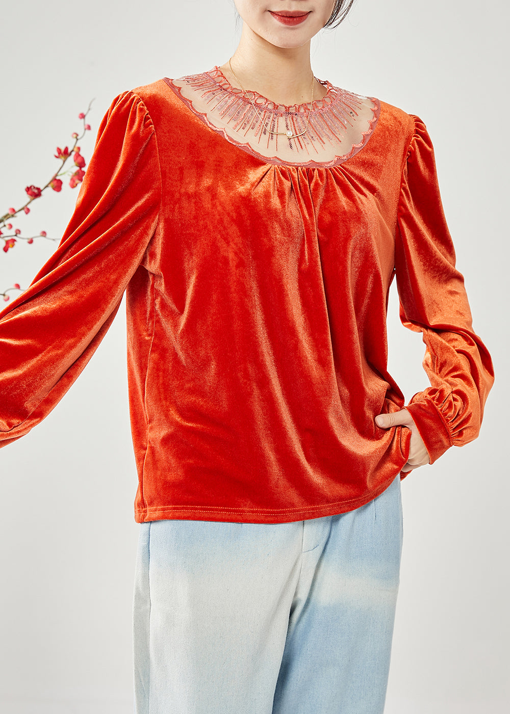 Classy Orange Hollow Out Patchwork Sequins Silk Velour Shirt Tops Spring LY1816 - fabuloryshop