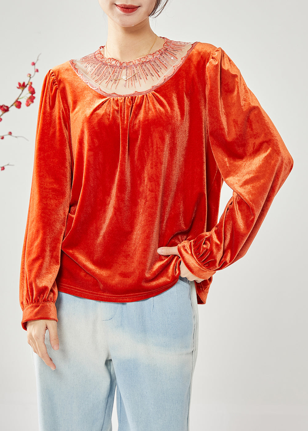 Classy Orange Hollow Out Patchwork Sequins Silk Velour Shirt Tops Spring LY1816 - fabuloryshop