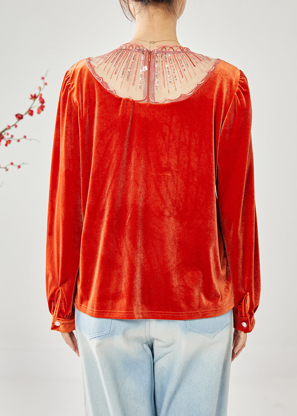 Classy Orange Hollow Out Patchwork Sequins Silk Velour Shirt Tops Spring LY1816 - fabuloryshop