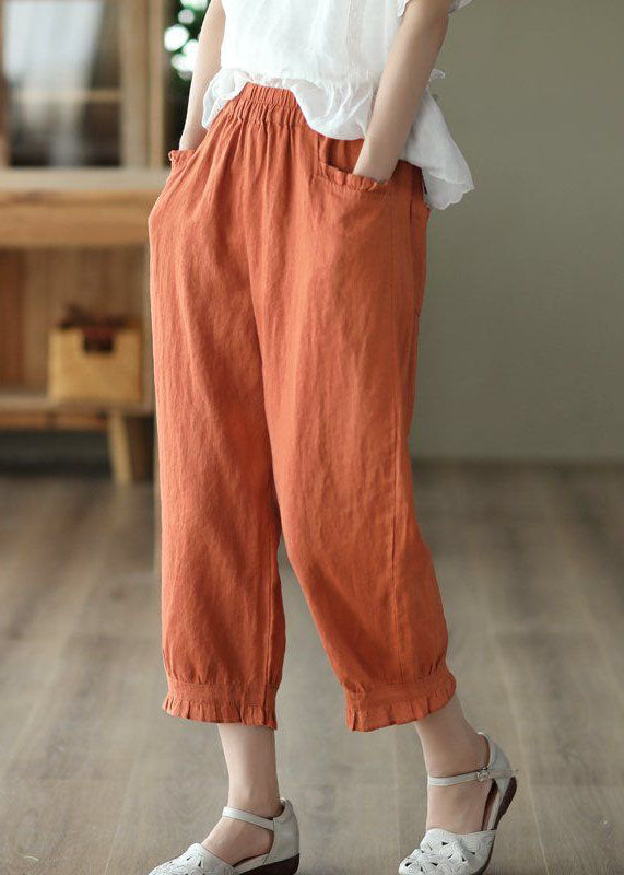 Classy Orange Wrinkled Pockets Patchwork Linen Crop Pants Summer LY0232 - fabuloryshop