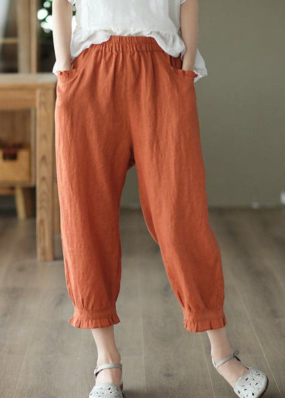 Classy Orange Wrinkled Pockets Patchwork Linen Crop Pants Summer LY0232 - fabuloryshop