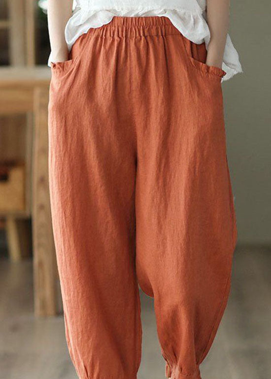 Classy Orange Wrinkled Pockets Patchwork Linen Crop Pants Summer LY0232 - fabuloryshop