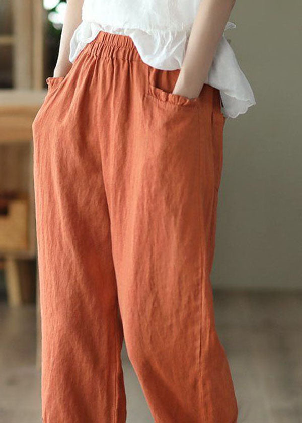 Classy Orange Wrinkled Pockets Patchwork Linen Crop Pants Summer LY0232 - fabuloryshop