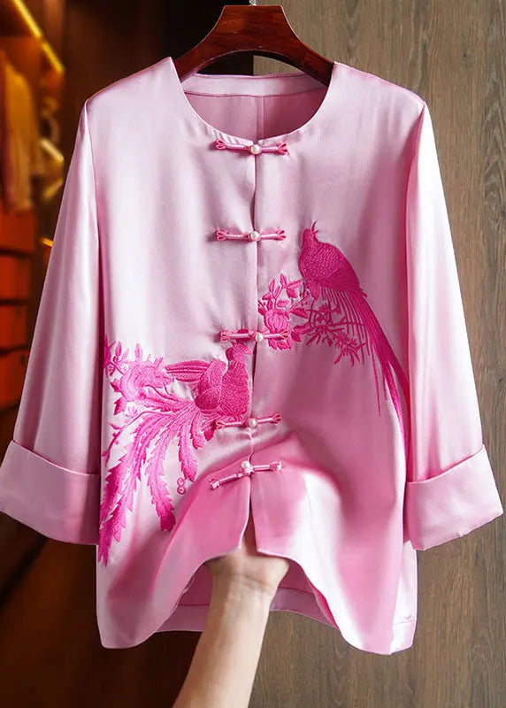 Classy Pink O-Neck Embroideried Floral Silk Top Long Sleeve Ada Fashion