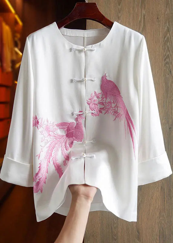 Classy Pink O-Neck Embroideried Floral Silk Top Long Sleeve Ada Fashion