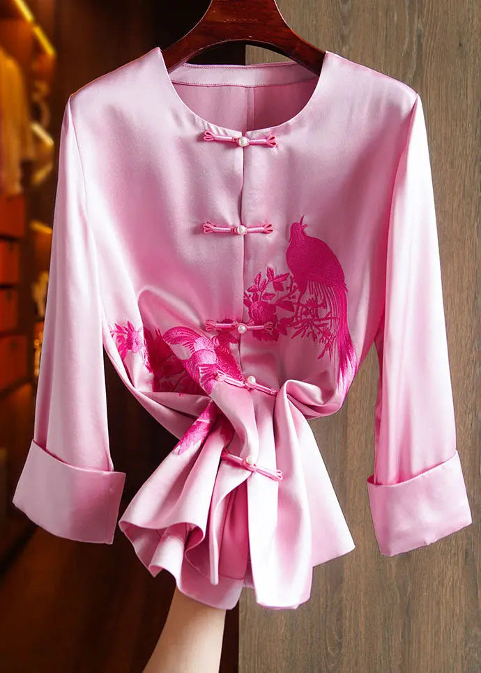 Classy Pink O-Neck Embroideried Floral Silk Top Long Sleeve Ada Fashion