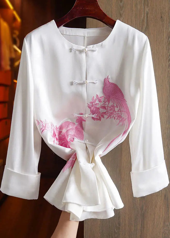 Classy Pink O-Neck Embroideried Floral Silk Top Long Sleeve Ada Fashion