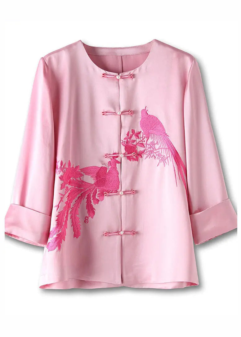 Classy Pink O-Neck Embroideried Floral Silk Top Long Sleeve Ada Fashion