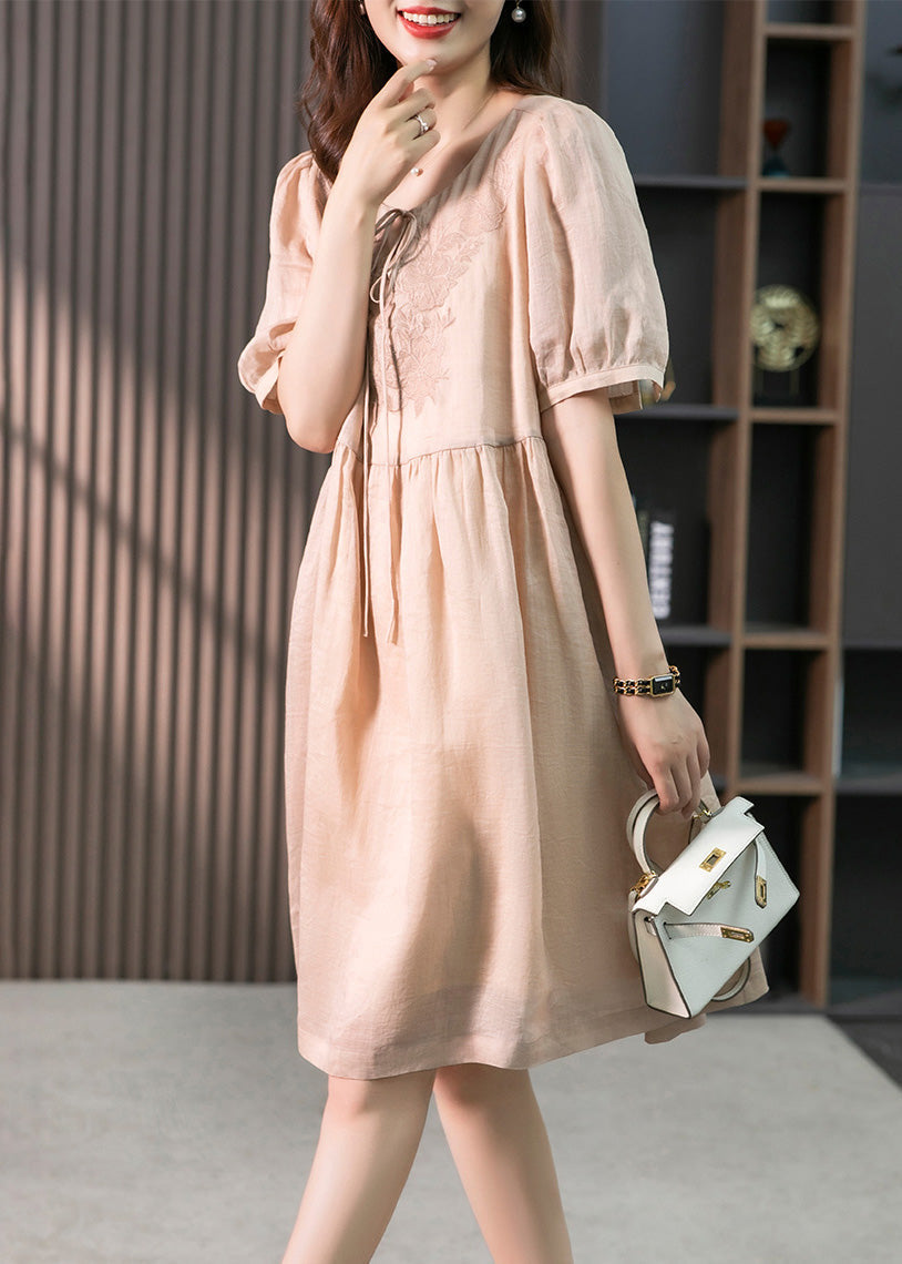 Classy Pink O-Neck Embroideried Solid Linen Maxi Dresses Summer LY1753 - fabuloryshop