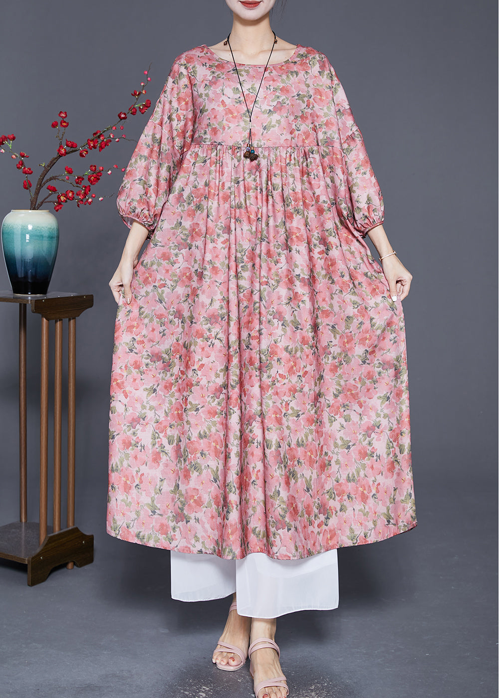 Classy Pink Oversized Print Cotton Dress Bracelet Sleeve Ada Fashion