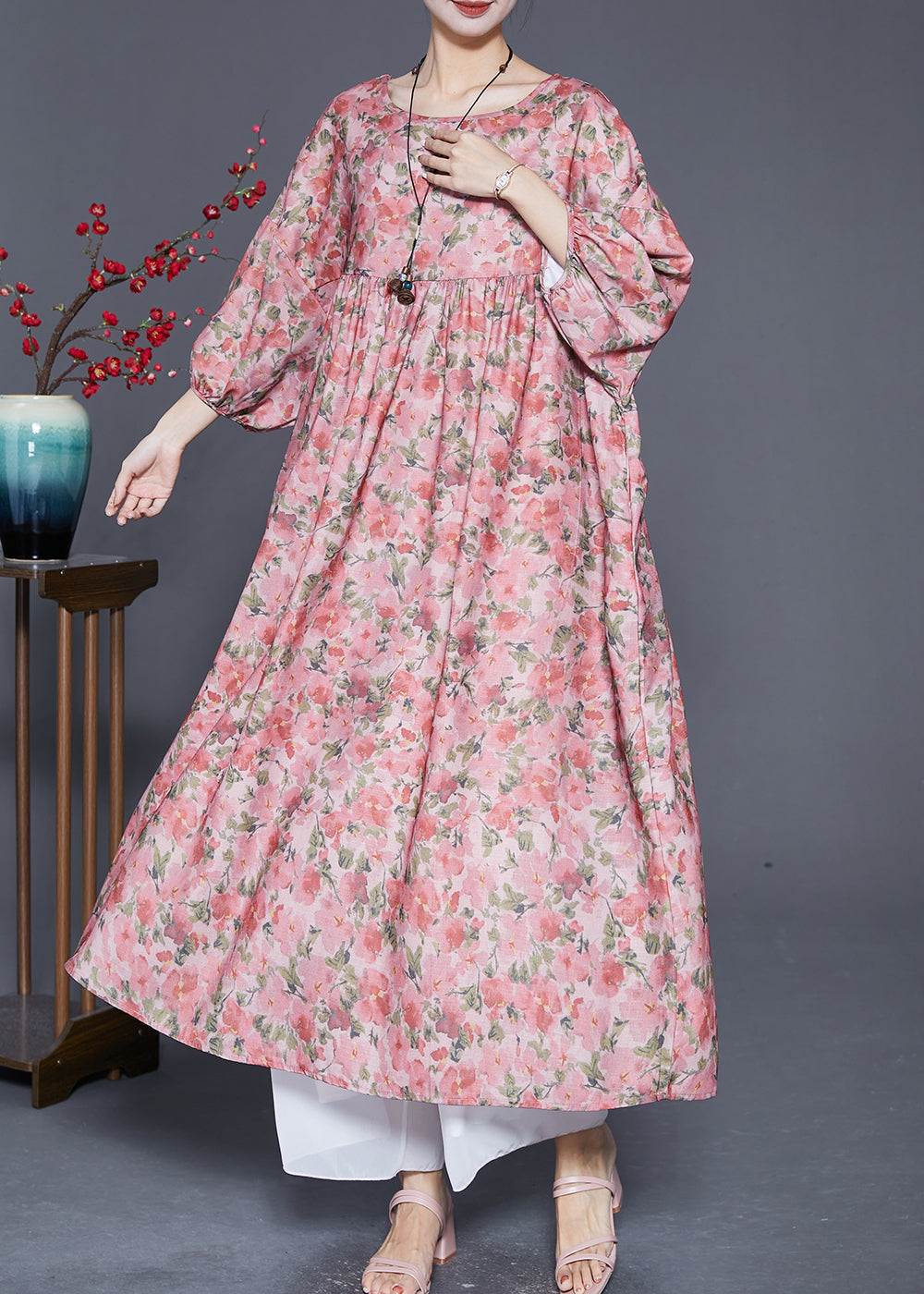 Classy Pink Oversized Print Cotton Dress Bracelet Sleeve Ada Fashion